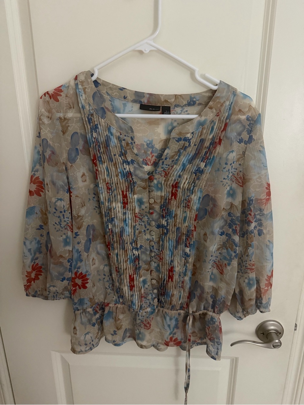 a.n.a Beige Floral Pintuck Blouse with Blue and Red Accents